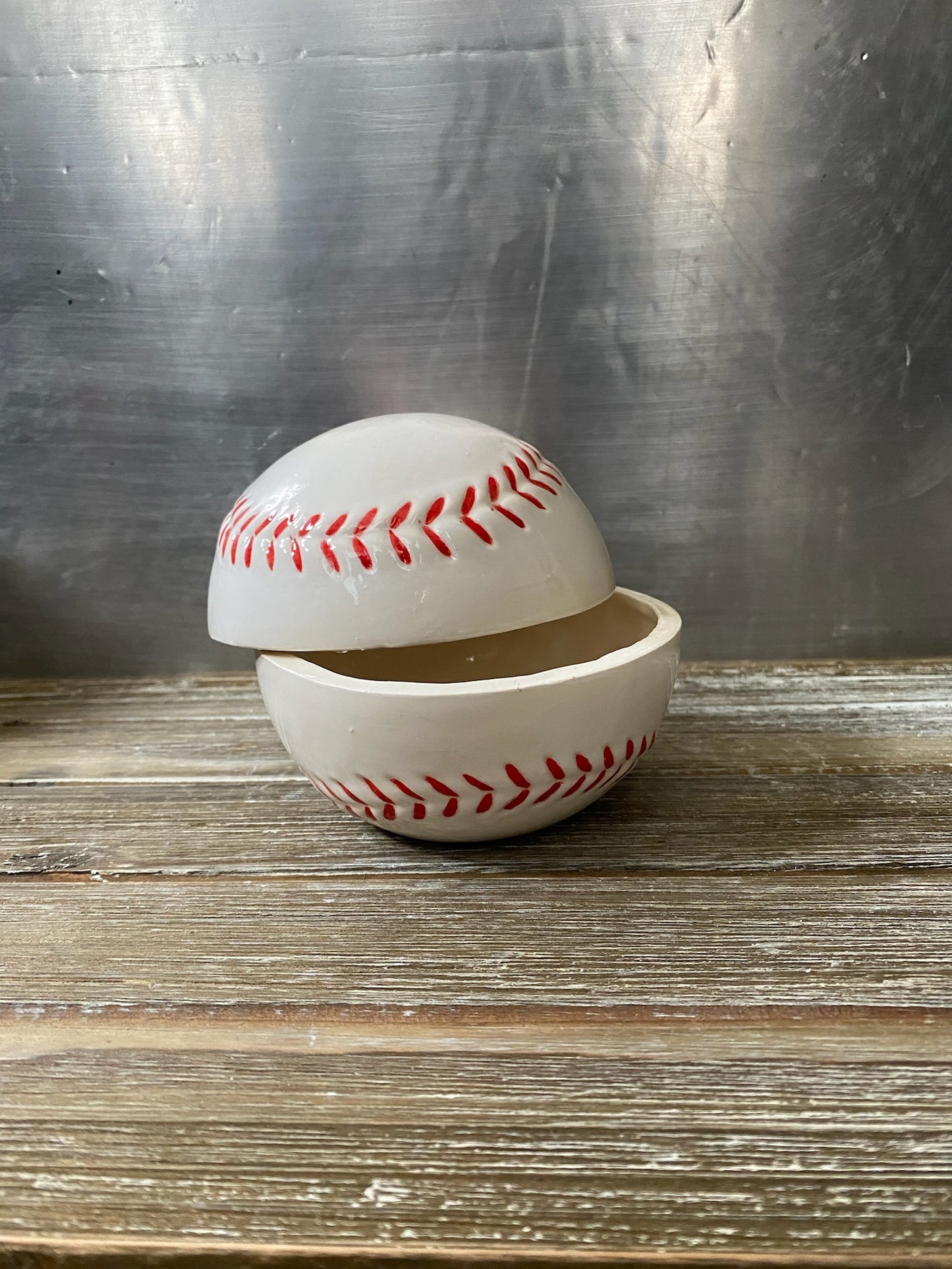 Baseball Dish with Lid Bisque