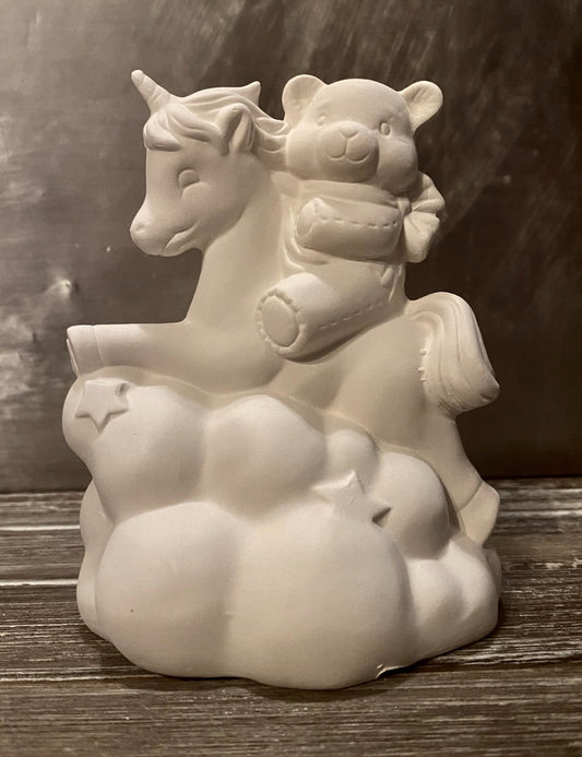 Bear On Unicorn in the Clouds Bisque