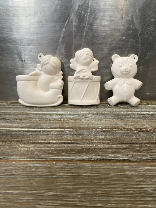 Three Christmas Toy Ornaments BIsque